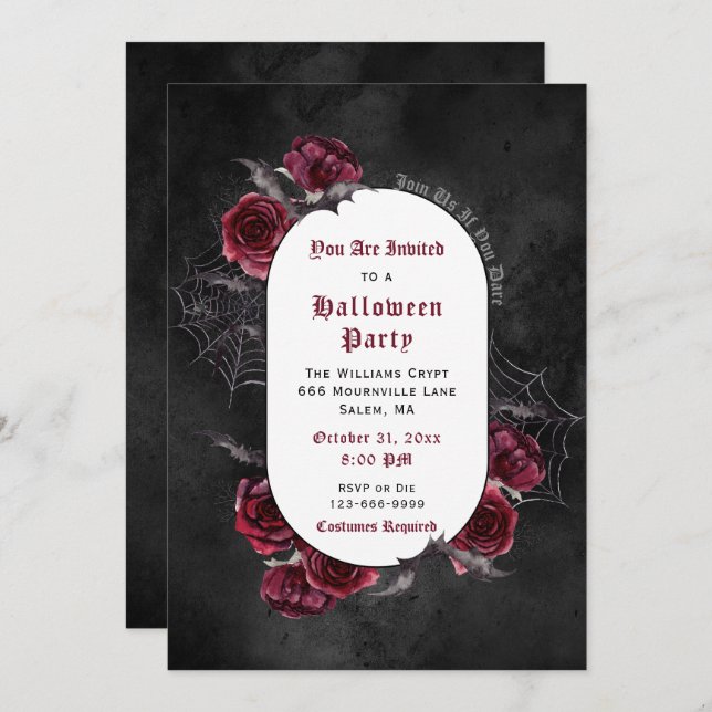 Elegant Roses Bats Halloween Invitation (Front/Back)