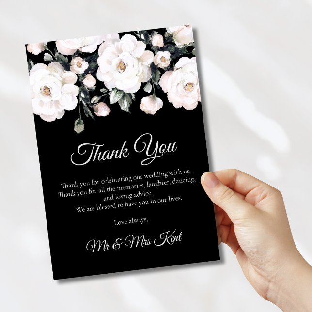 Elegant Roses Black White Floral Wedding Thank You Card (Creator Uploaded)