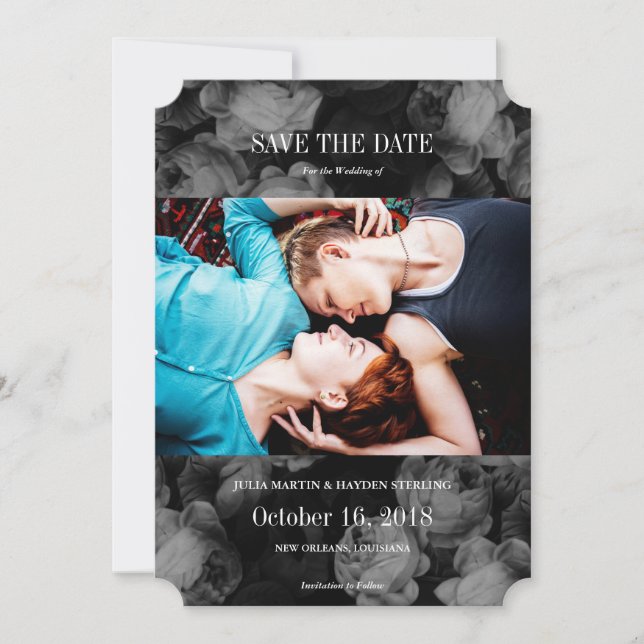 Elegant Roses Black + White Photo Save the Dates Date (Front)