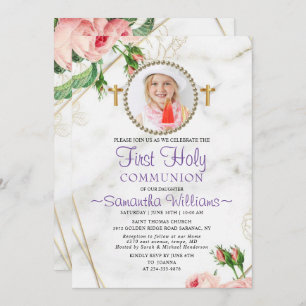 Elegant roses Blush Marble First Communion Invitation