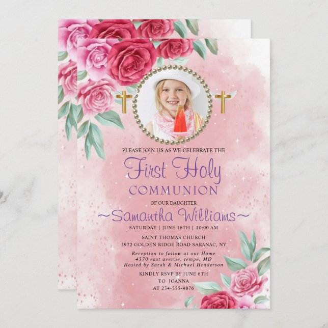 Elegant Roses Blush Photo First Communion Invitation (Front/Back)