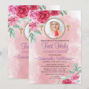 Elegant Roses Blush Photo First Communion Invitation