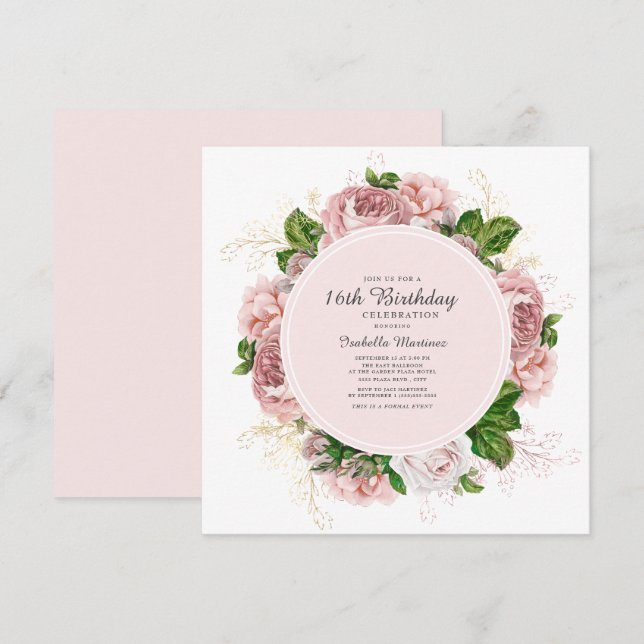 Elegant Roses Blush Pink Floral 16th Birthday Invitation (Front/Back)