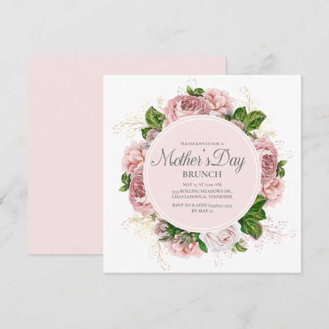Elegant Roses Blush Pink Floral White Mother's Day Invitation (Front/Back)