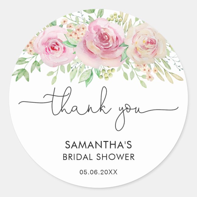 Elegant Roses Bridal Shower Thank You Classic Round Sticker (Front)