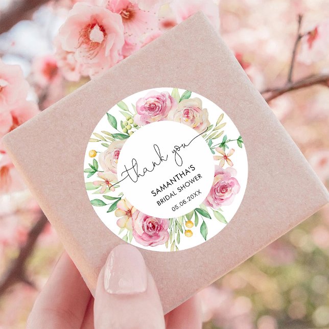 Elegant Roses Bridal Shower Thank You Classic Round Sticker (Creator Uploaded)