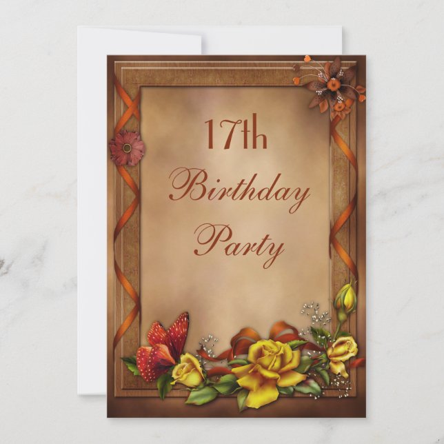 Elegant Roses & Butterfly 17th Birthday Party Invitation (Front)