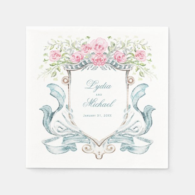 Elegant Roses Crest w/ Bow | Wedding Napkin (Front)