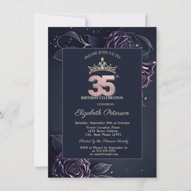 Elegant Roses Dark Gothic 35th Birthday Invitation (Front)