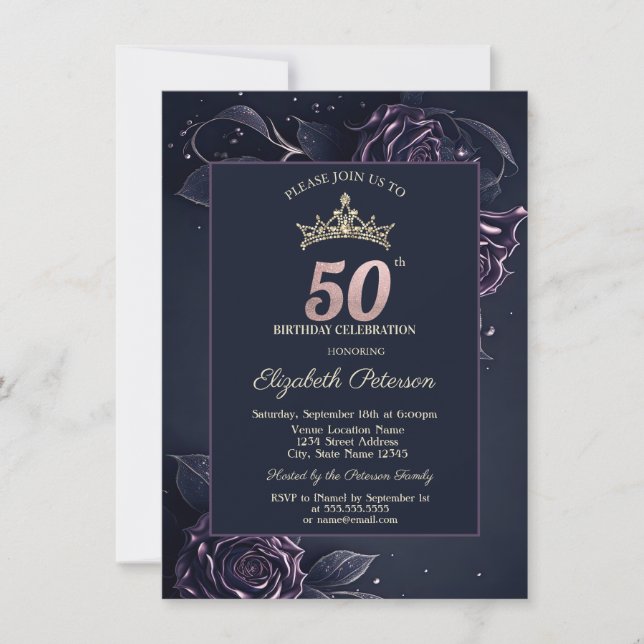 Elegant Roses Dark Gothic 50th Birthday Invitation (Front)