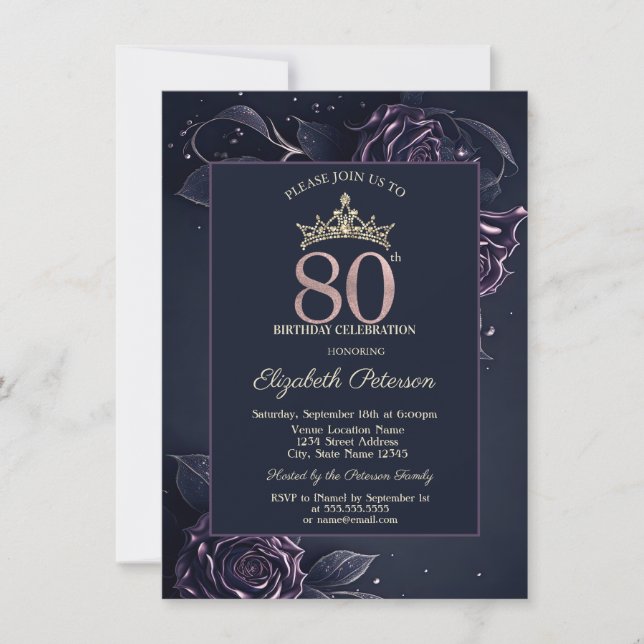 Elegant Roses Dark Gothic 80th Birthday Invitation (Front)