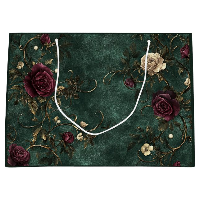 Elegant roses. Deep green background.  Large Gift Bag (Front)