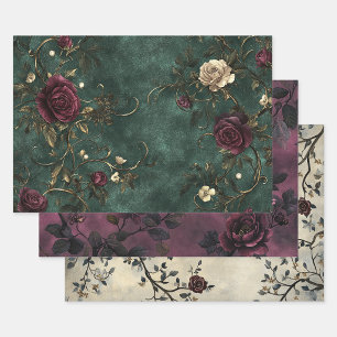 Elegant roses. Deep green, deep rose, cream. Wrapping Paper Sheet