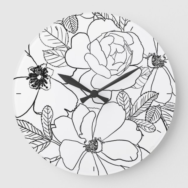 Elegant Roses Floral Line Drawing design Large Clock (Front)