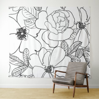 Elegant Roses Floral Line Drawing design Tapestry
