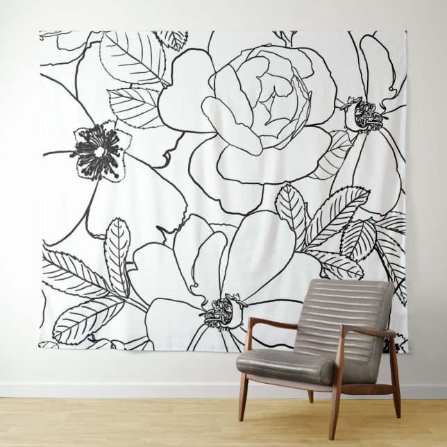 Elegant Roses Floral Line Drawing design Tapestry (In Situ (Horizontal))
