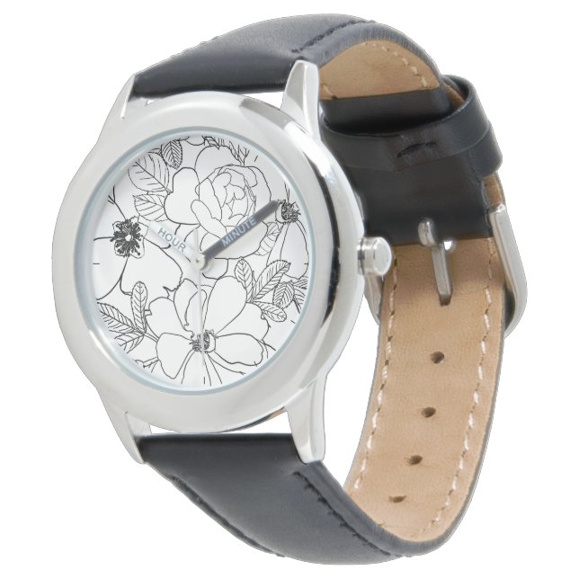 Elegant Roses Floral Line Drawing design Watch (Angled)