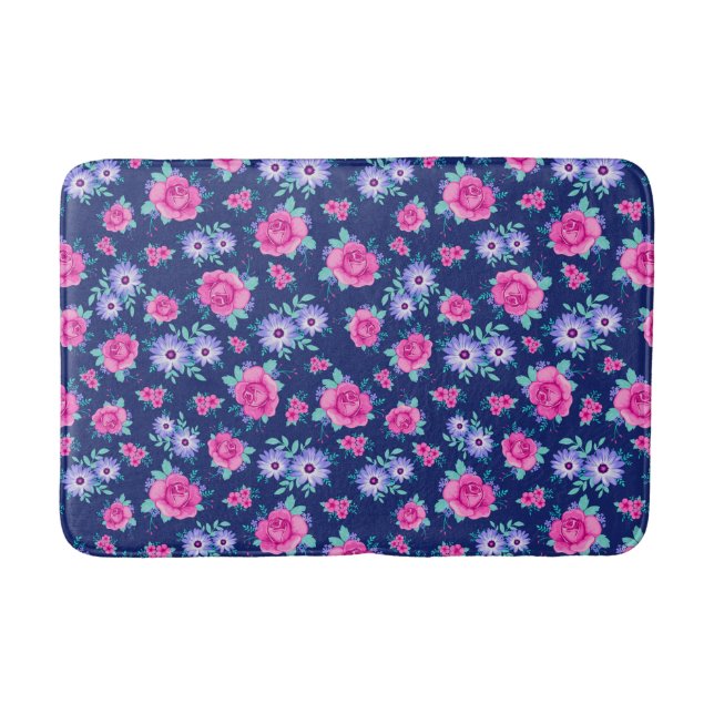 Elegant Roses Floral Pink Purple Blue Pattern Bath Mat (Front)