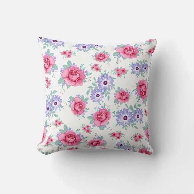 Elegant Roses Floral Pink Purple White Pattern Cushion (Front)