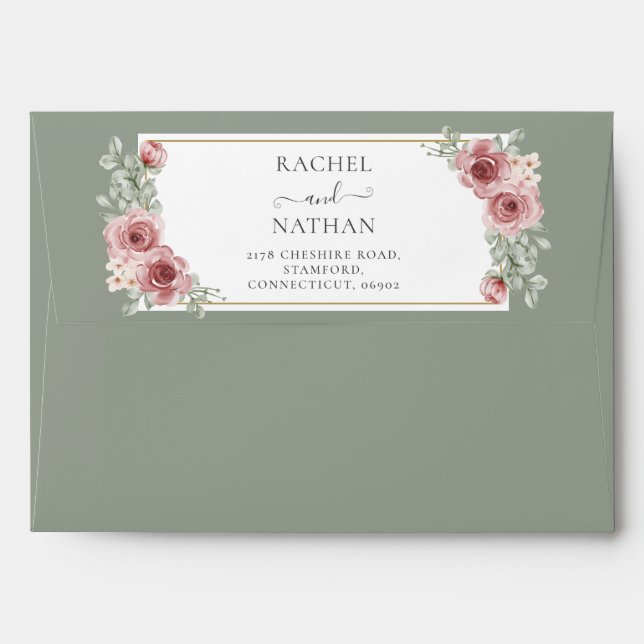Elegant Roses Floral Sage Green Wedding Envelope (Back (Top Flap))