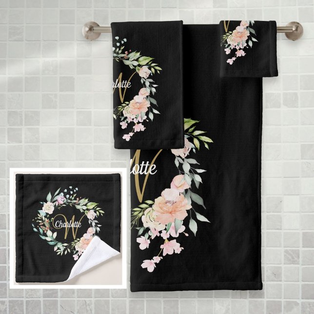 Elegant Roses Floral Script Monogram Black Gold Bath Towel Set (Creator Uploaded)