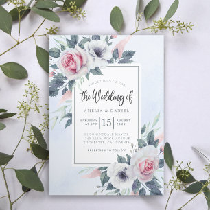 Elegant Roses Floral Watercolor Light Blue Wedding Invitation