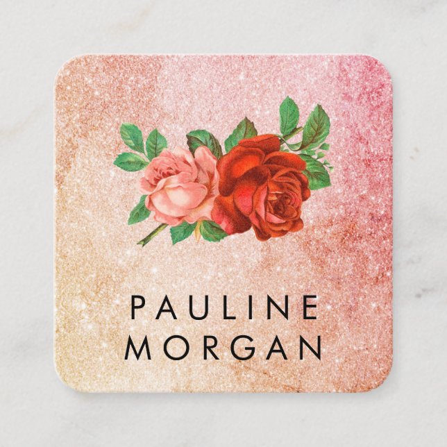 Elegant Roses Glitter Glamour Square Business Card (Front)
