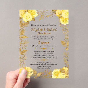 Elegant Roses Gold Floral 1st Wedding Anniversary Acrylic Invitations