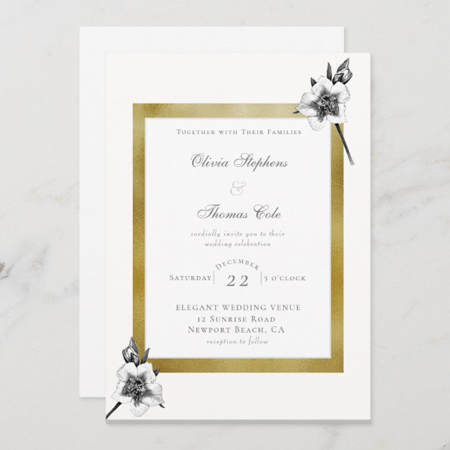 Elegant Roses Gold Frame Script Christmas Wedding Invitation (Front/Back)