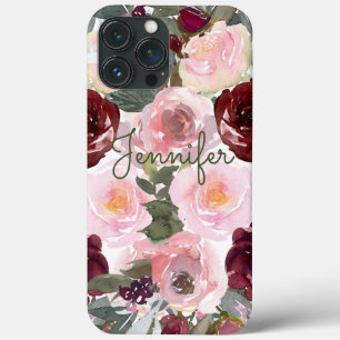 Elegant Roses in Burgundy Pink Watercolor Custom iPhone 13 Pro Max Case
