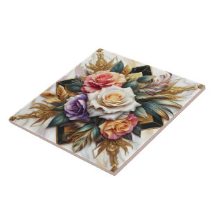 Elegant Roses in Intricate Floral Design Tile