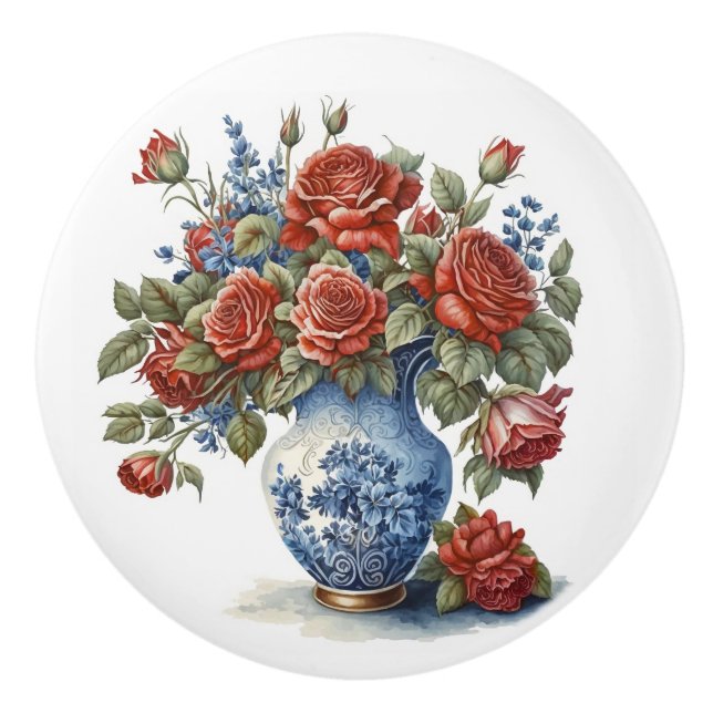 Elegant Roses in Vase  Ceramic Knob (Front)