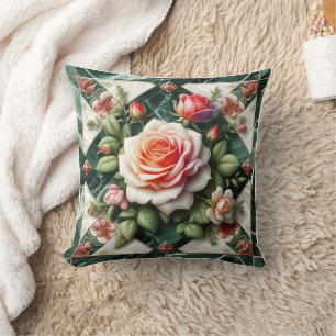 Elegant Roses on a Green Marble Background Cushion