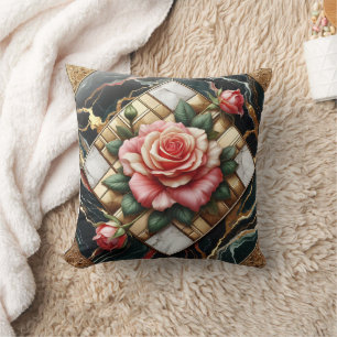 Elegant Roses on Marble and Gold Background Cushion
