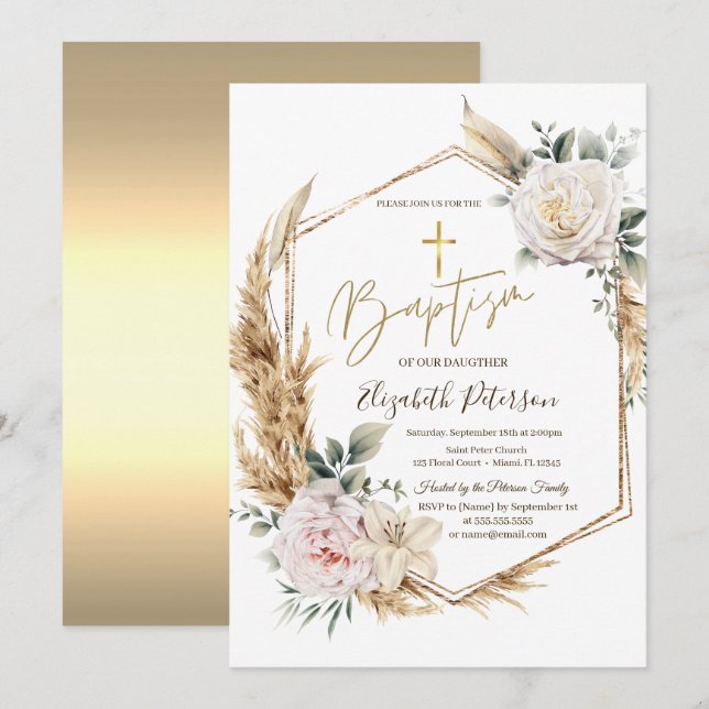 Elegant Roses Pampas Grass Baptism  Invitation (Front/Back)