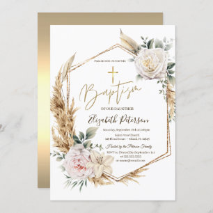 Elegant Roses Pampas Grass Baptism  Invitation