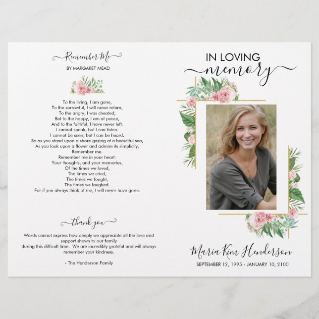 Elegant Roses Photo Memorial Funeral Program (Front)