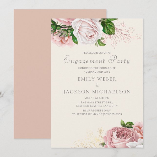 Elegant Roses Pink Floral Cream Engagement Party Invitation (Front/Back)