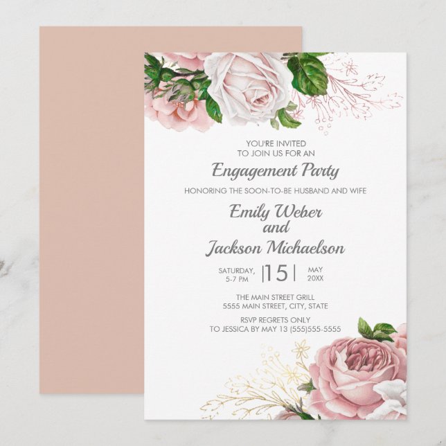 Elegant Roses Pink Floral White Engagement Party Invitation (Front/Back)