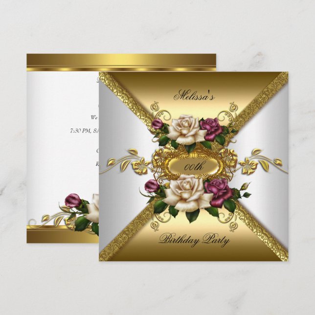 Elegant Roses Pink White Gold Birthday Party 2 Invitation (Front/Back)