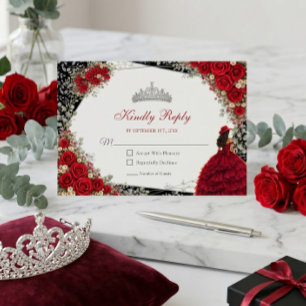 Elegant Roses Red and Silver Tiara Quinceañera RSVP Card