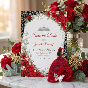 Elegant Roses Red and Silver Tiara Quinceañera Save The Date