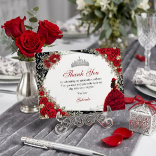 Elegant Roses Red and Silver Tiara Quinceañera Thank You Card