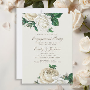 Elegant Roses White Floral Cream Engagement Invitation