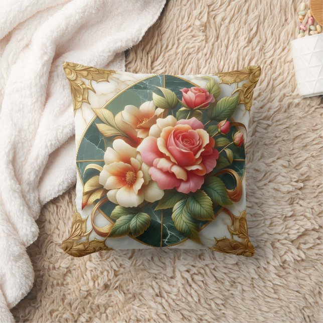 Elegant Roses With Green Background and Gold Trim Cushion (Blanket)
