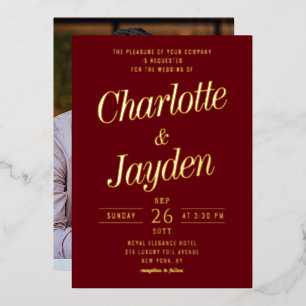 Elegant Rosewood Foil Script Photo Wedding