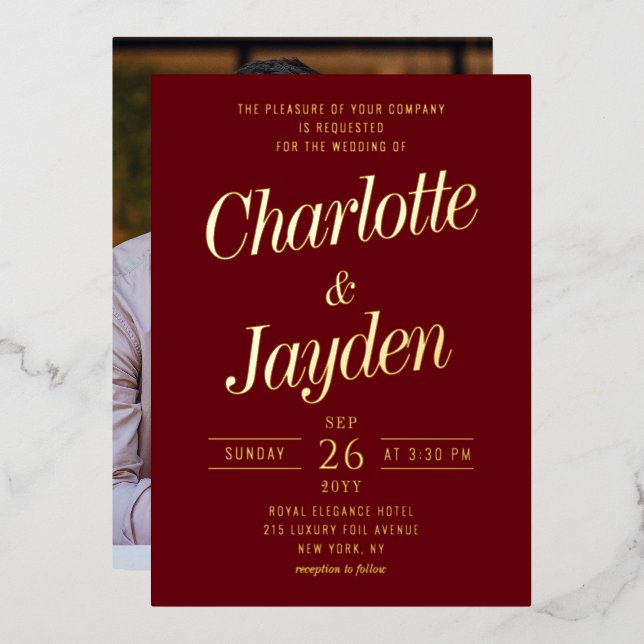 Elegant Rosewood Foil Script Photo Wedding (Front/Back)