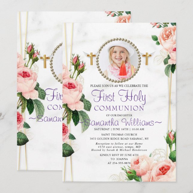 Elegant Rosy Blush Floral First Communion Invitation (Front/Back)