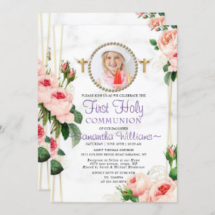 Elegant Rosy Blush Floral First Communion Invitation