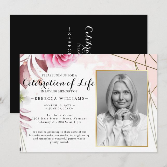 Elegant Rosy Blush Photo Celebration of life  Invitation (Front/Back)